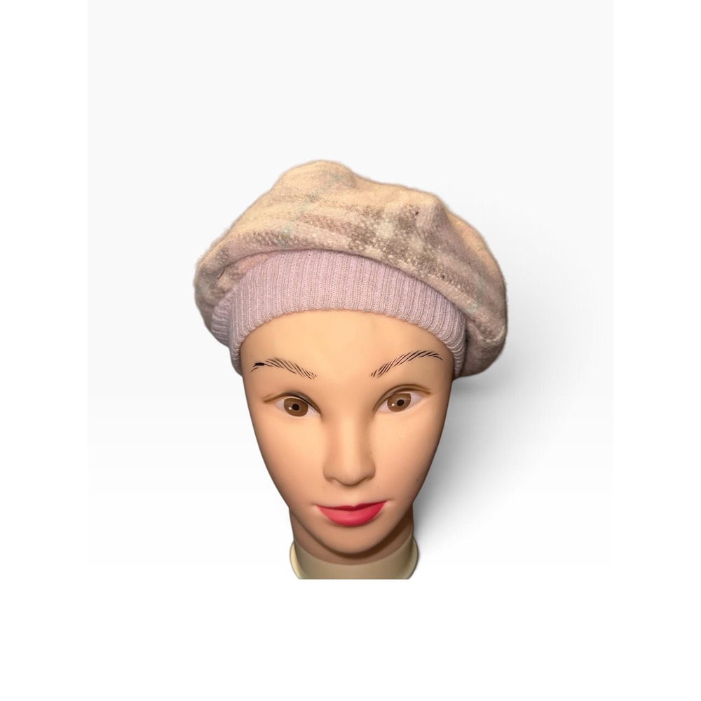 Burberry London Pink Plaid Merino Cashmere Beret Hat Made in Scotland